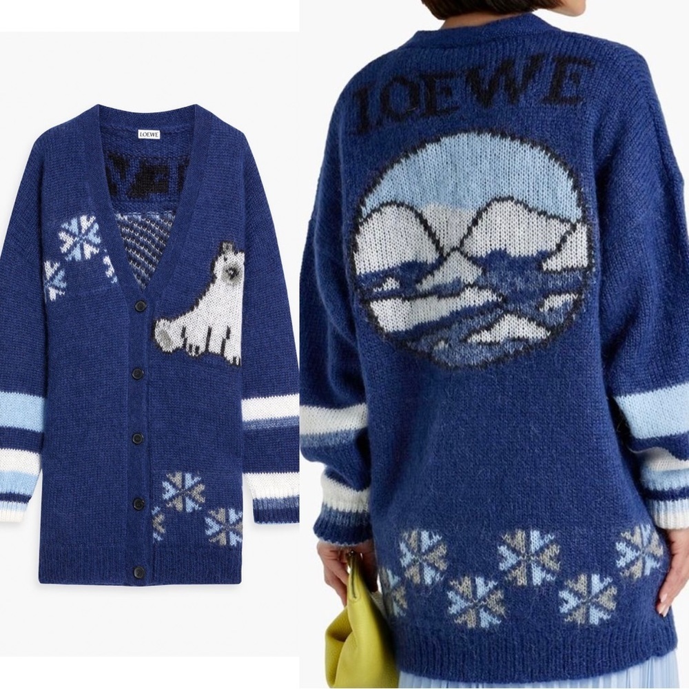 NWT Loewe Mohair Knit Cardigan Oversized Women’s Blue Sweater Polar Bear Winter
